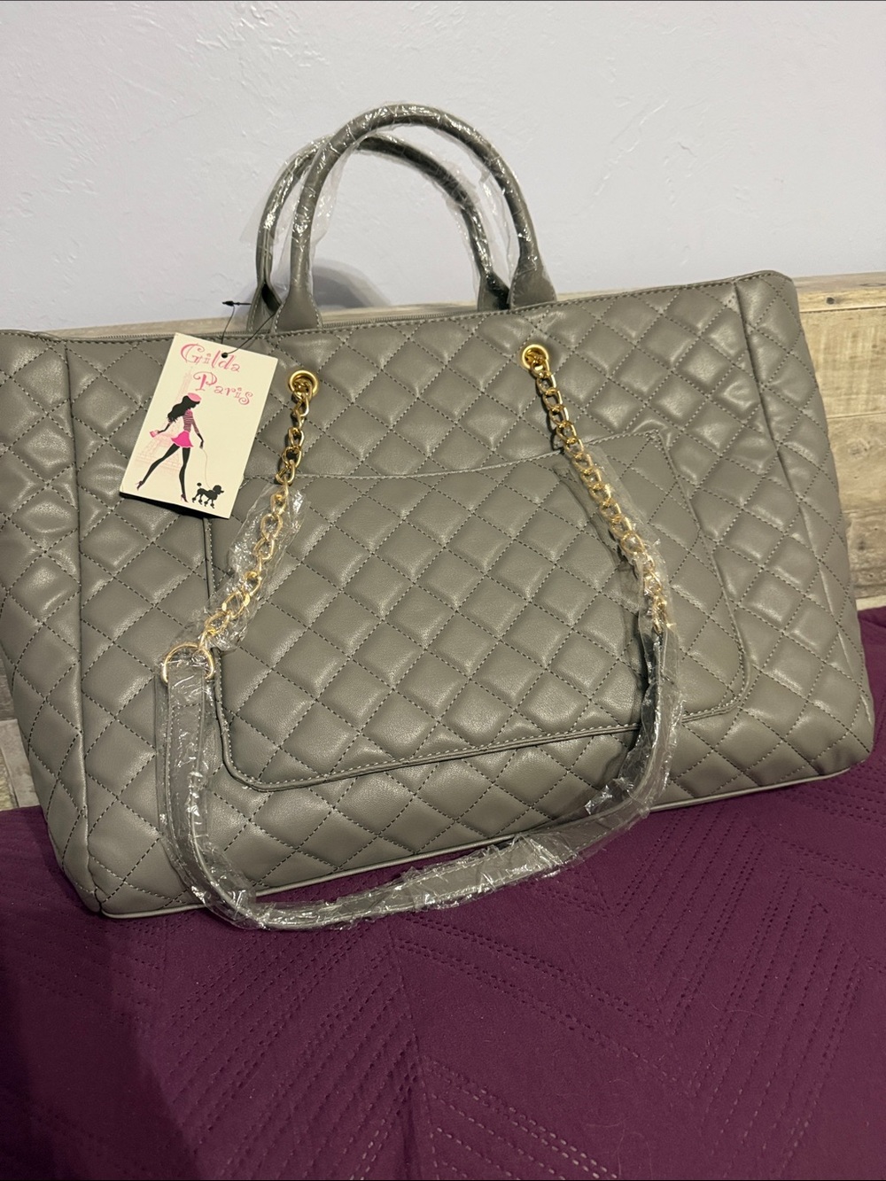 Gilda Paris QuiltedTote Bag in Gray NWT